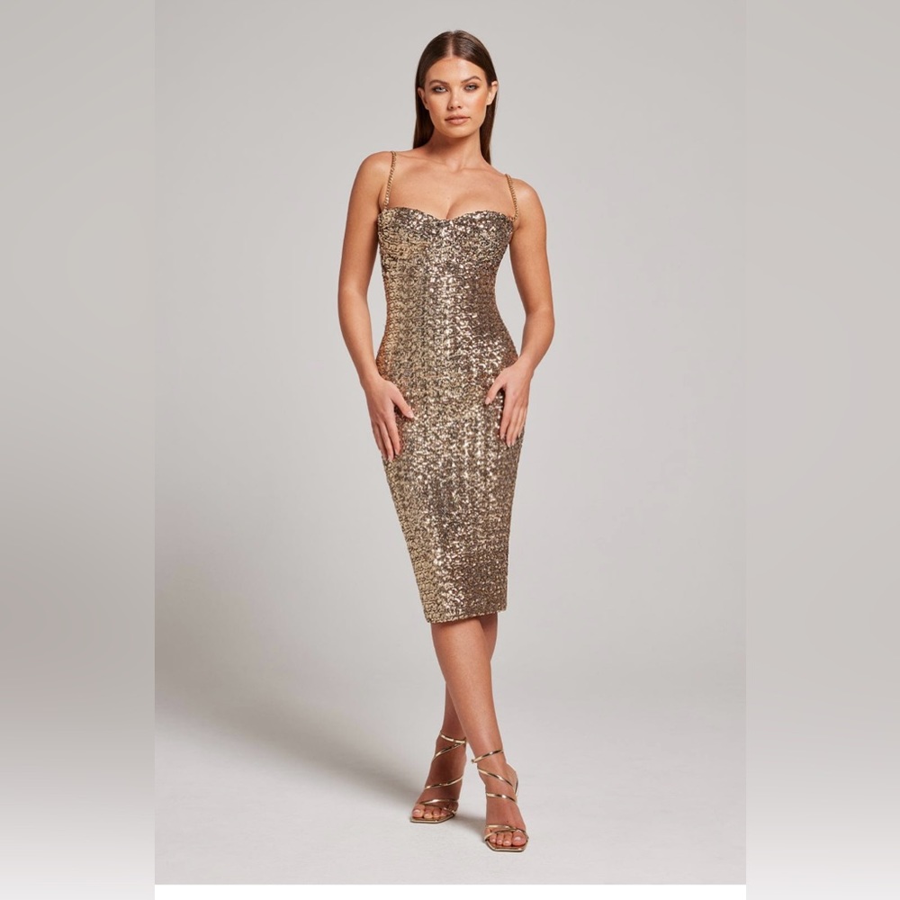 NADINE MERABI Gold Sequin Nina Midi Dress Bustier Top Chain Straps Small